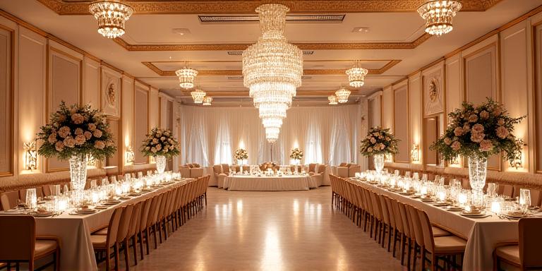 A lavish wedding reception setup in a hotel ballroom